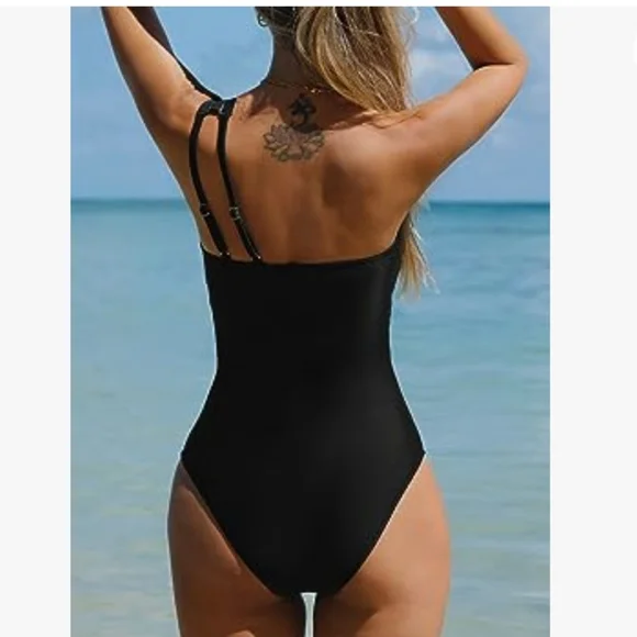 Cupshe One Shoulder Adjustable Straps Cutout Asymmetrical Swimwear Mesh blk Sz M - Picture 2 of 5